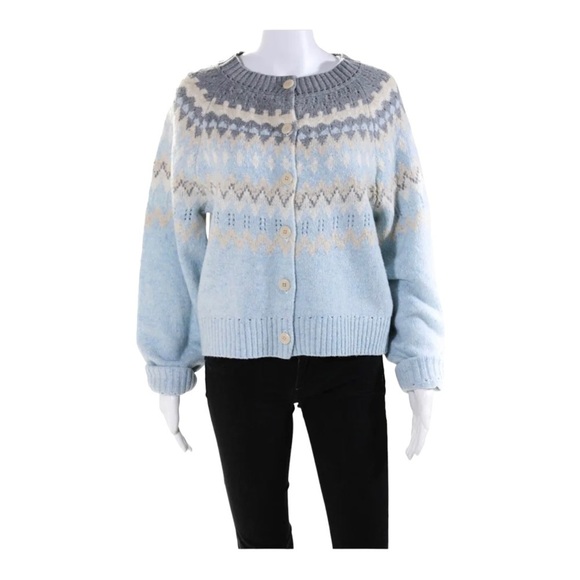 LA VIE REBECCA TAYLOR Fairisle Cardigan Sweater Blue Wool Blend XL - Picture 7 of 10